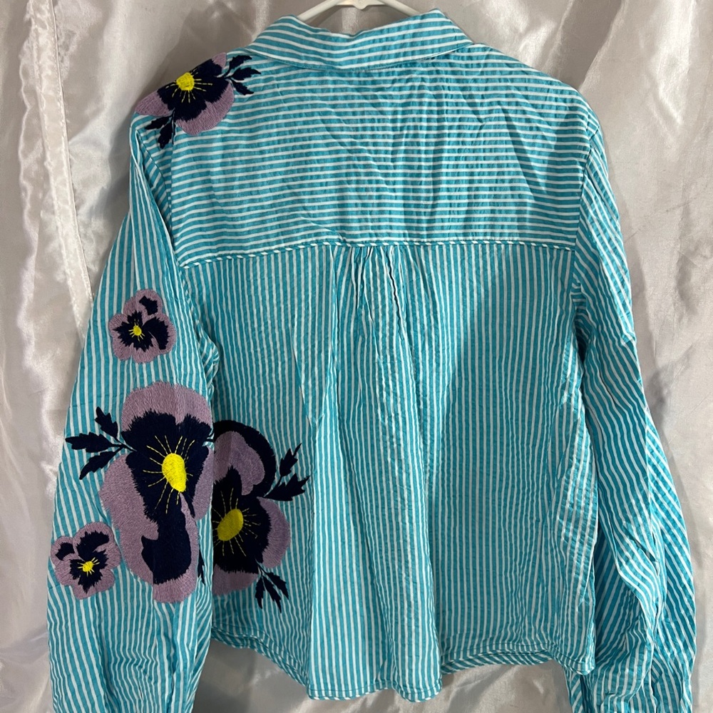 NWT Anthropologie Maeve Embroidered Button-Down Floral Patchwork Turquoise - Picture 4 of 8